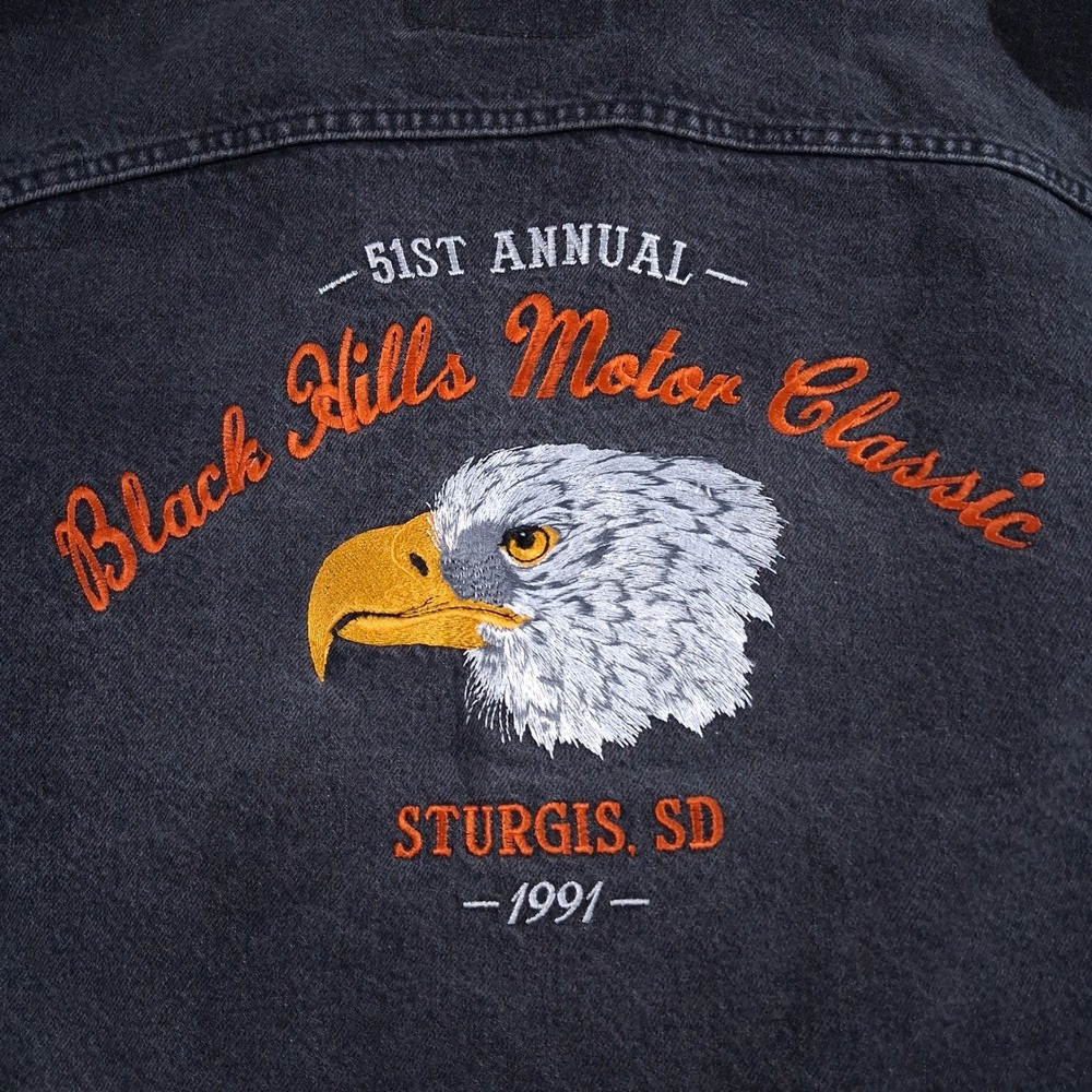 Vintage 1991 Sturgis Black Hills Motor Classic Denim Motorcycle Jacket Black MED